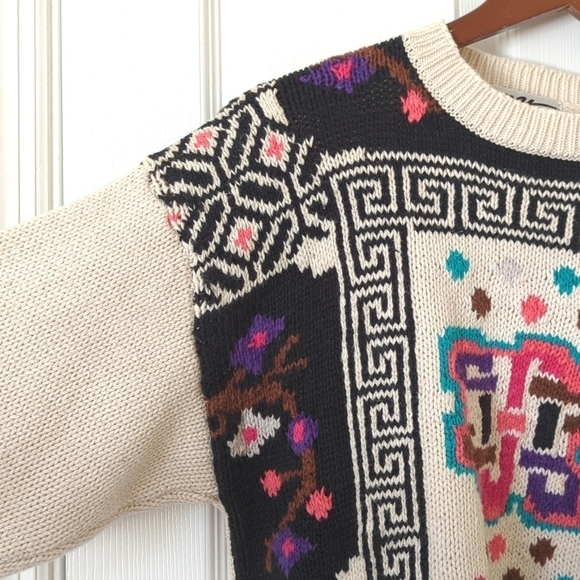 My 90's Vintage Funky Multicolored Abstract Knit Chunky Crewneck Sweater Cream M - Picture 3 of 12